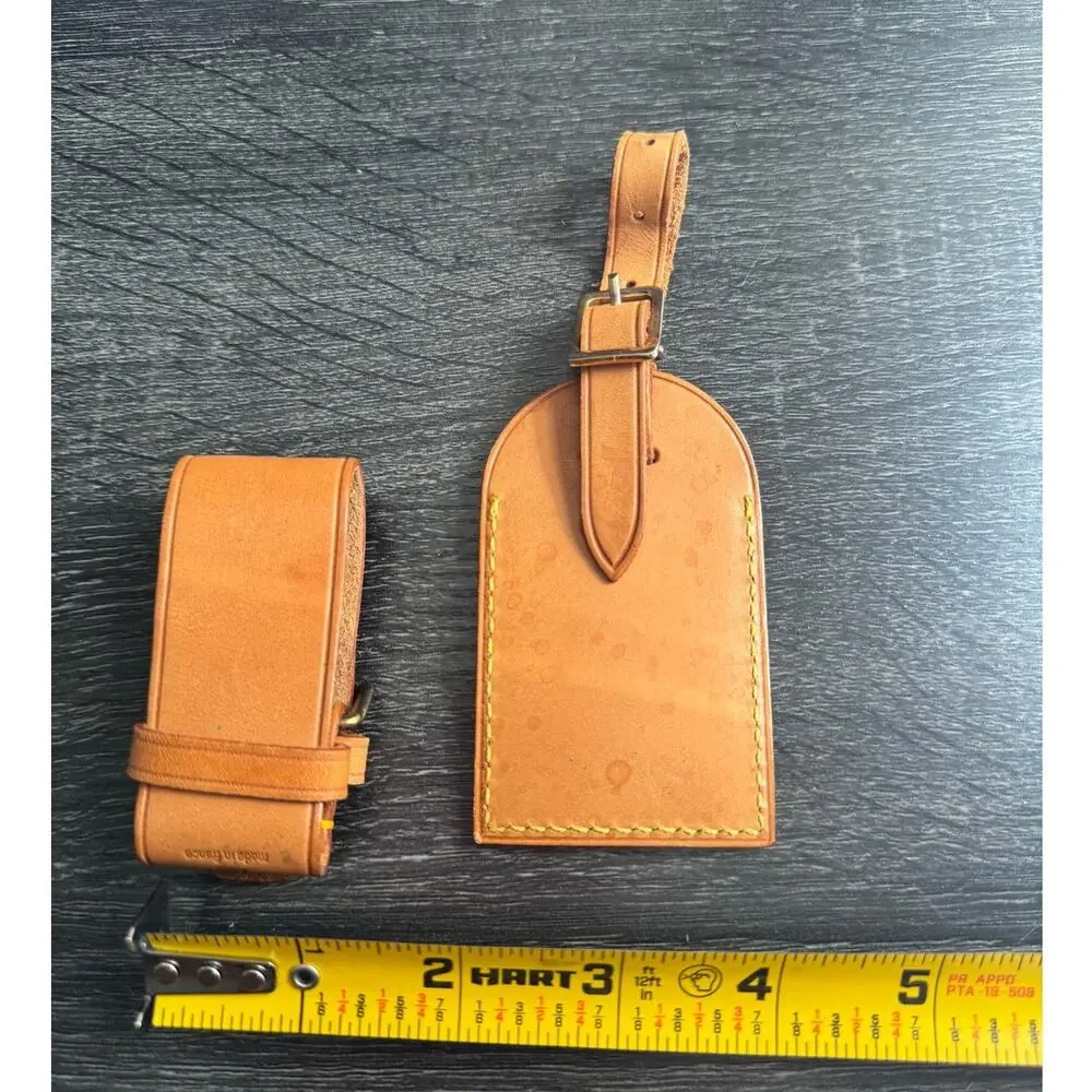 Authentic‎ Louis Vuitton Vachetta Leather Name Luggage Tag And Poignet Set SN222
